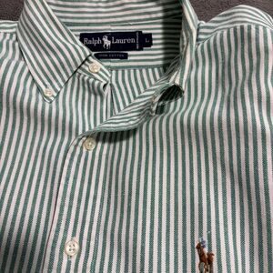 Ralph Lauren Men's Shirt with Green and White Stripes
